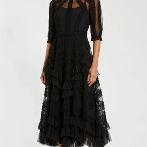 MacDuggal Black High Neck Ruffle Tiered A-Line Midi Dress